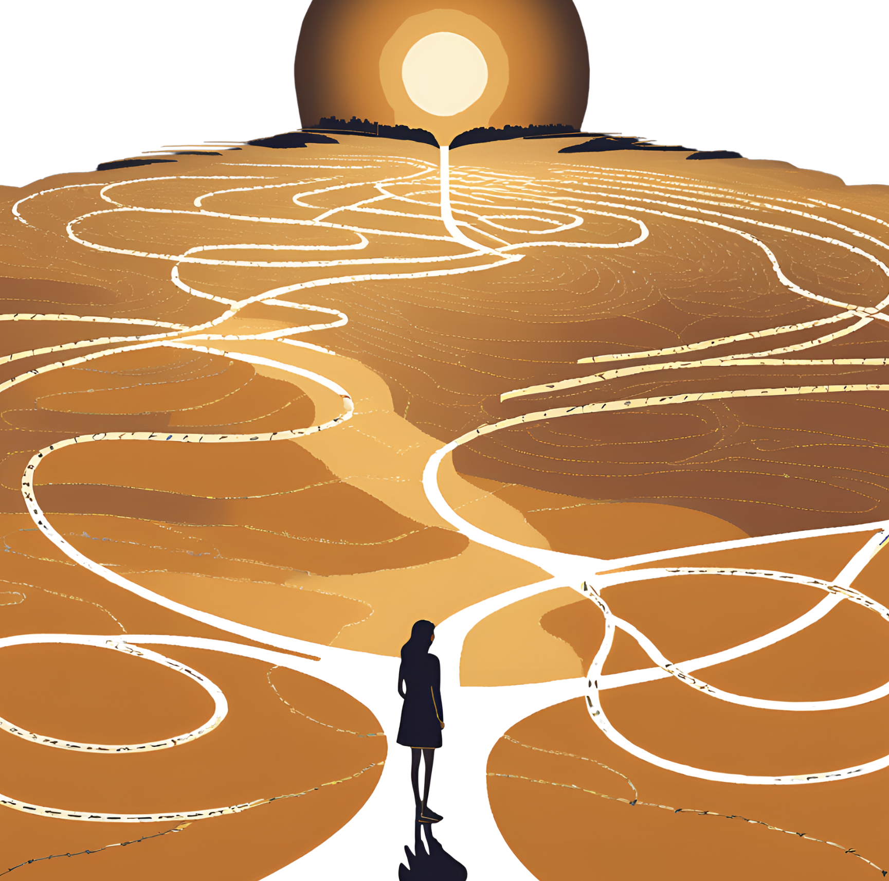 Young woman stuck at crossroads, unsure of where to go before life coaching